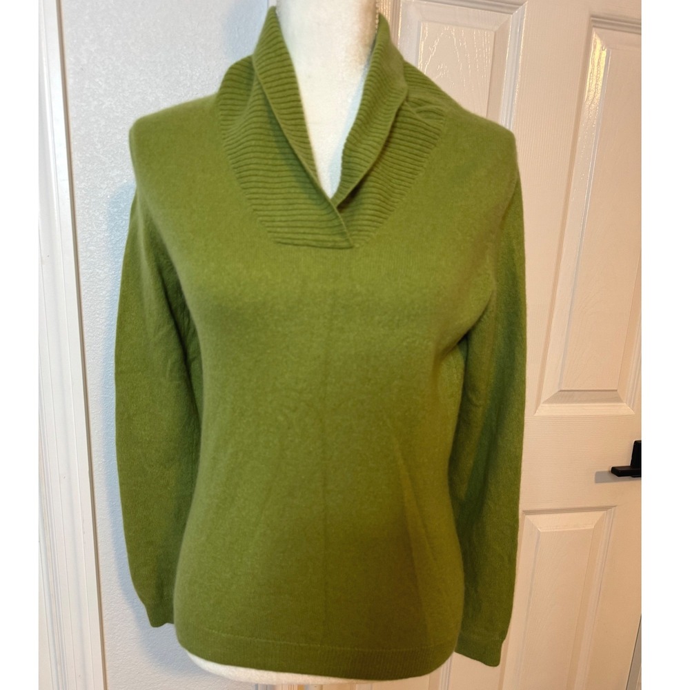 Prive Cashmere Green Shawl Collar V-Neck Sweater 100% Cashmere Large